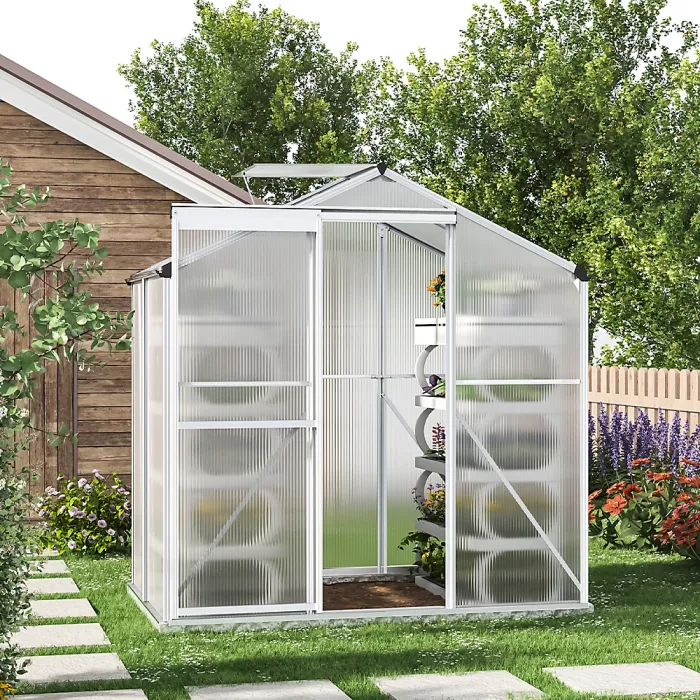 Polycarbonate Greenhouse Walk in Aluminium Frame Garden Green House,Silver,6 x 4 ft