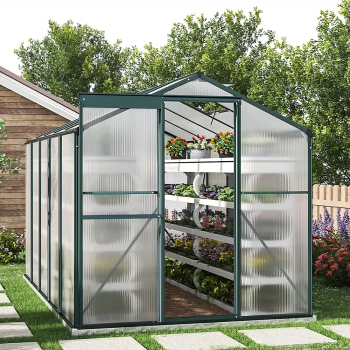 Polycarbonate Greenhouse Walk In Aluminium Frame Garden Green House with Base Foundation,Green,10 x 6 ft