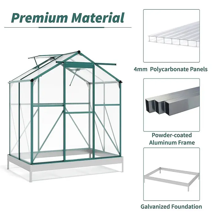6 x 4 ft Polycarbonate Greenhouse Aluminium Frame Garden Green House with Base Foundation,Green