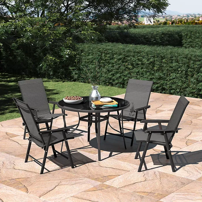 4 Seater Round Ripple Glass Garden Umbrella Table and Folding Chairs Set 105 cm