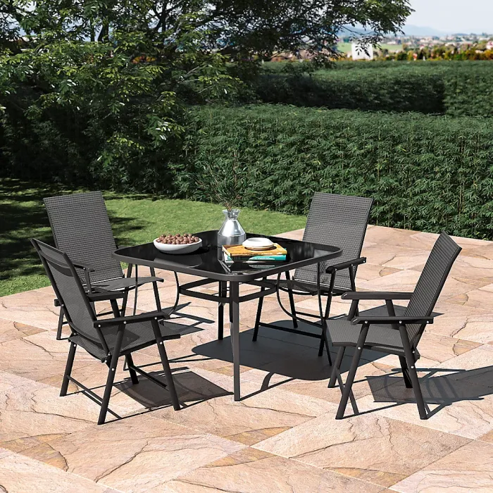 Set of 5 Garden Ripple Glass Square Umbrella Table and Folding Chairs Set 105 cm
