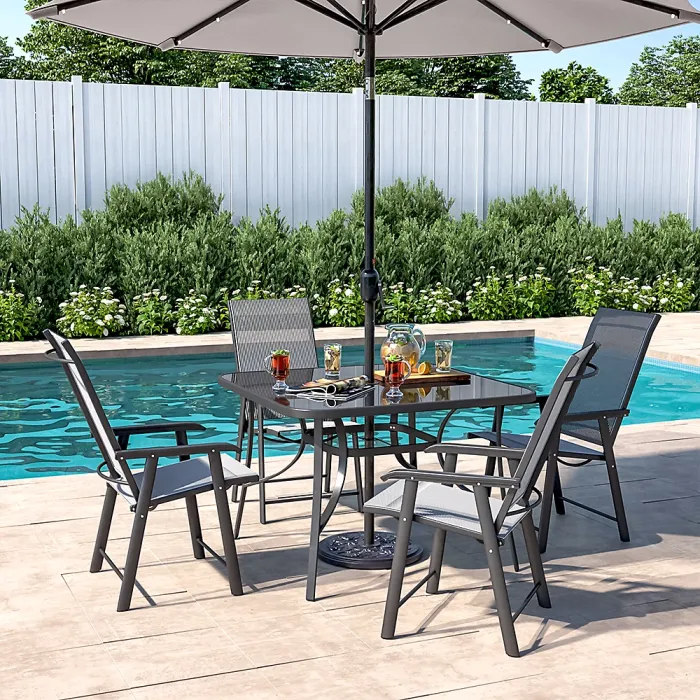 Set of 5 Garden Ripple Glass Square Umbrella Table and Folding Chairs Set 105 cm