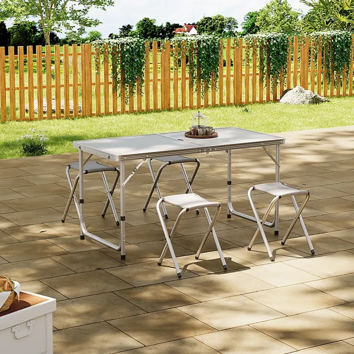 Folding Portable Lightweight Aluminum 4 Seater Garden Camping Dining Set Picnic Table and 4 Stools Set