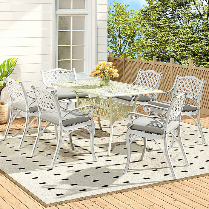 6 Seater Retro Cast Aluminum Garden Bistro Table and Chairs Set with Cushions 150 cm