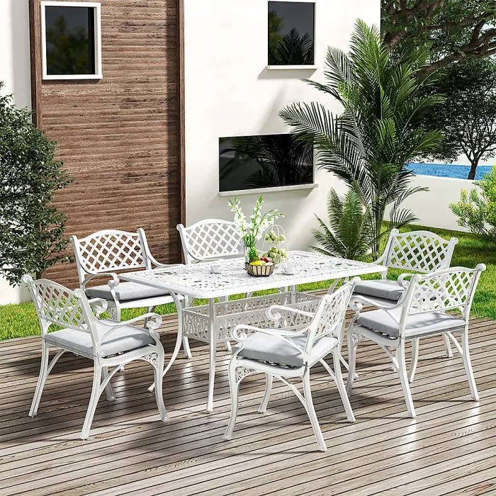 6 Seater Retro Cast Aluminum Garden Bistro Table and Chairs Set with Cushions 150 cm