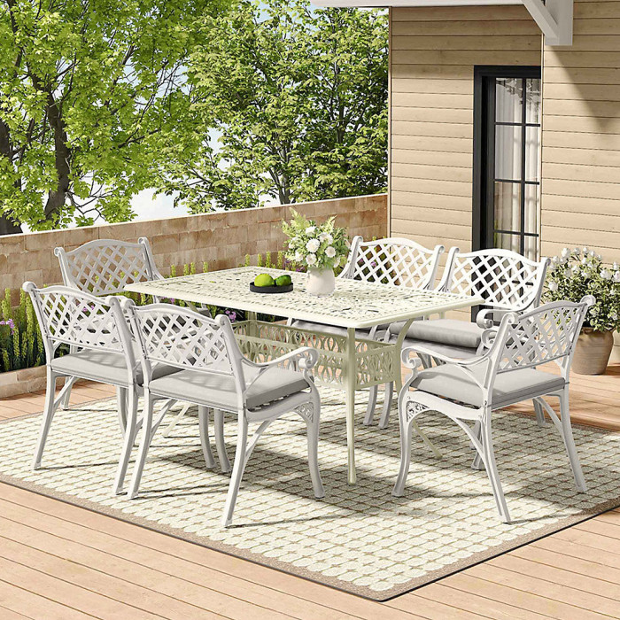 6 Seater Retro Cast Aluminum Garden Bistro Table and Chairs Set with Cushions 150 cm