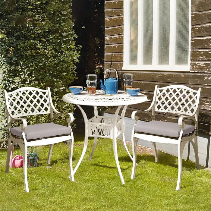 Set of 3 White Retro Cast Aluminum Garden Bistro Furniture Set Round Table and Chair Set with Cushions