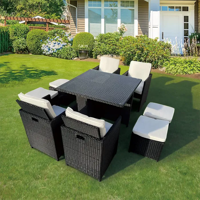 9 Pieces Garden Patio Furniture Set, Outdoor Rattan Dining Table Set Weatherproof Rattan Furniture with Waterproof Cover - Black