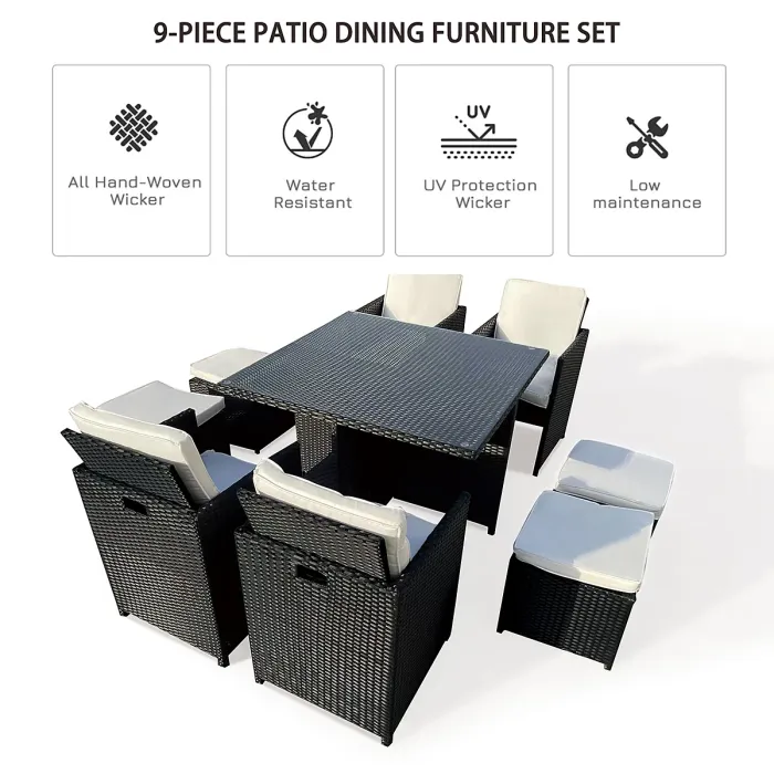 9 Pieces Garden Patio Furniture Set, Outdoor Rattan Dining Table Set Weatherproof Rattan Furniture with Waterproof Cover - Black