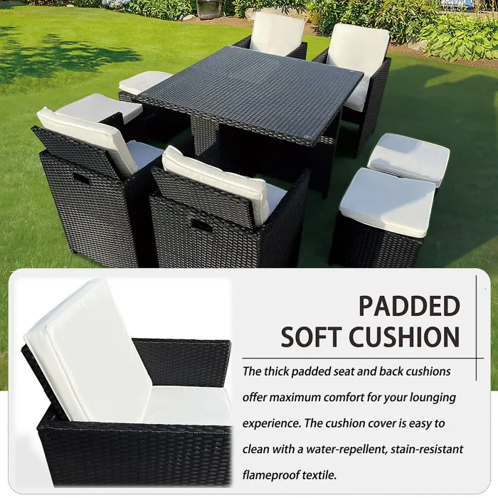 9 Pieces Garden Patio Furniture Set, Outdoor Rattan Dining Table Set Weatherproof Rattan Furniture with Waterproof Cover - Black