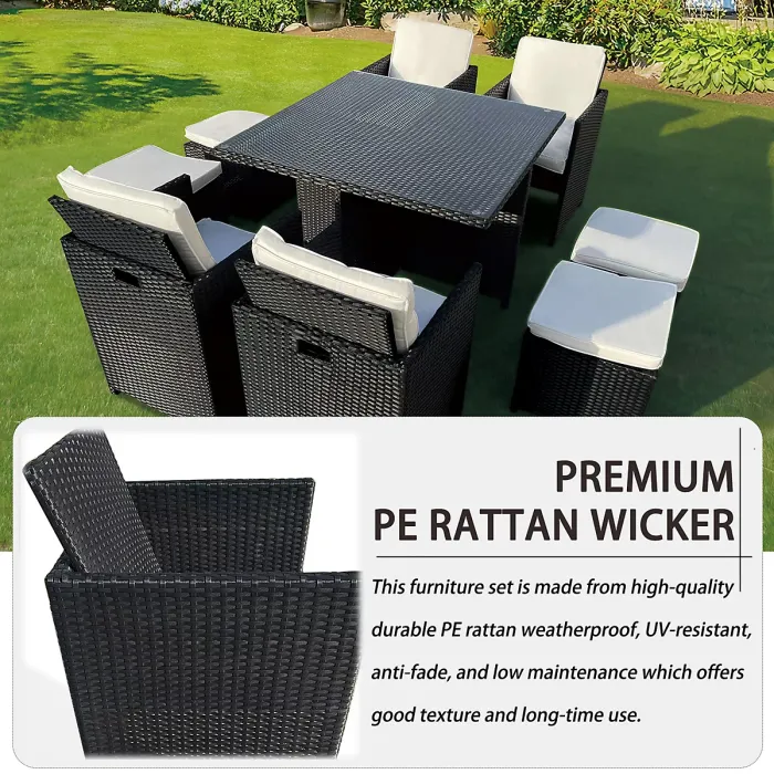 9 Pieces Garden Patio Furniture Set, Outdoor Rattan Dining Table Set Weatherproof Rattan Furniture with Waterproof Cover - Black
