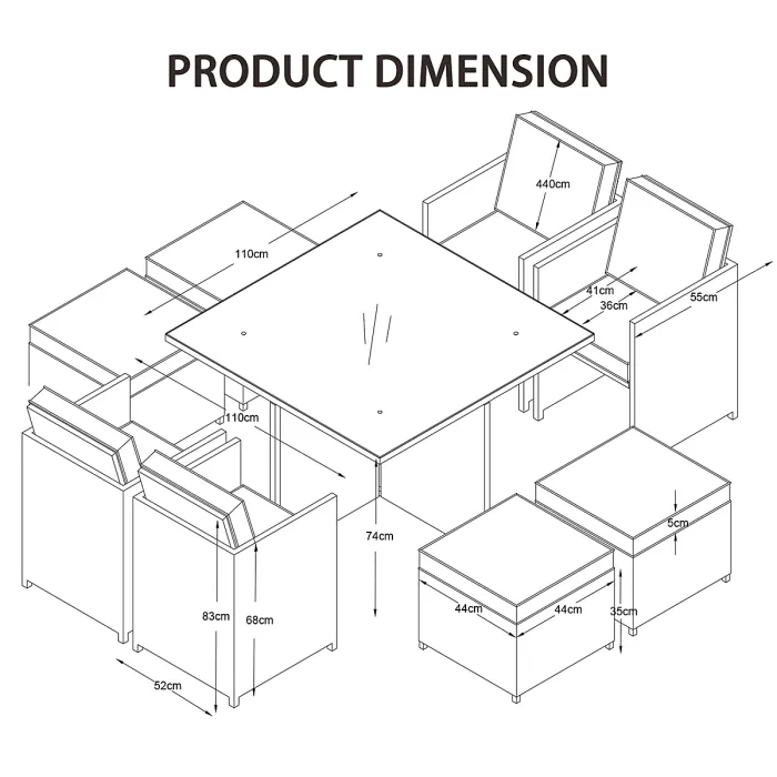 9 Pieces Garden Patio Furniture Set, Outdoor Rattan Dining Table Set Weatherproof Rattan Furniture with Waterproof Cover - Black