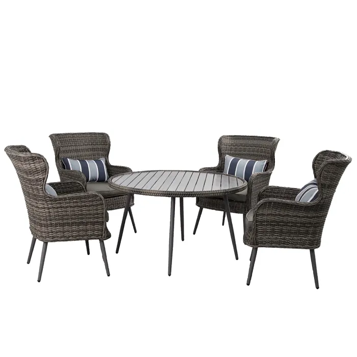 5 PCS Luxury Rattan Dining Set, Outdoor Patio Dining Set Round Table Chairs Set with Soft Cushion - Gray Table