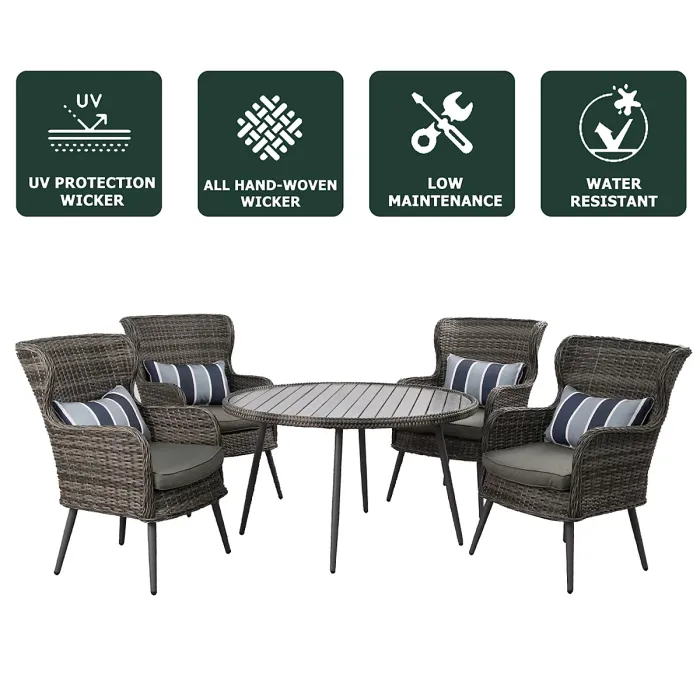 5 PCS Luxury Rattan Dining Set, Outdoor Patio Dining Set Round Table Chairs Set with Soft Cushion - Gray Table