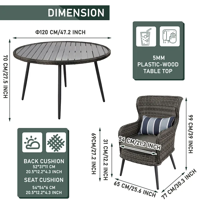 5 PCS Luxury Rattan Dining Set, Outdoor Patio Dining Set Round Table Chairs Set with Soft Cushion - Gray Table