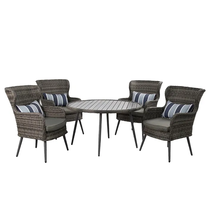 5 PCS Luxury Rattan Dining Set, Outdoor Patio Dining Set Round Table Chairs Set with Soft Cushion - Gray Table