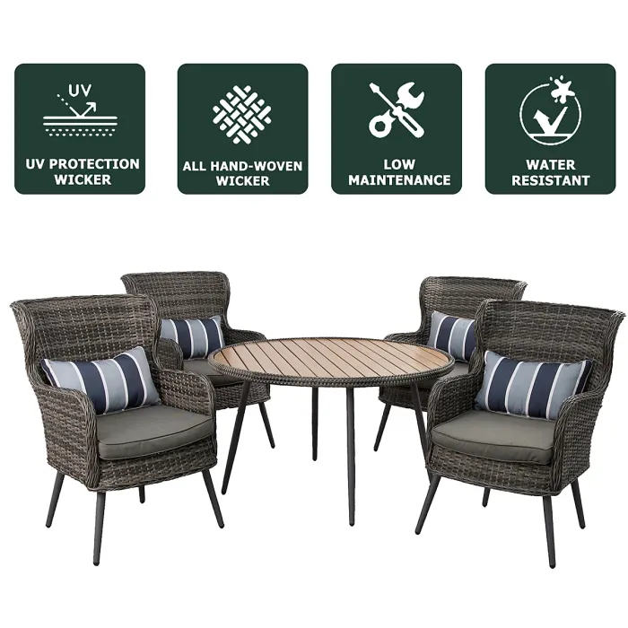 5 PCS Luxury Rattan Dining Set, Outdoor Patio Dining Set Round Table Chairs Set with Soft Cushion - Natural Table