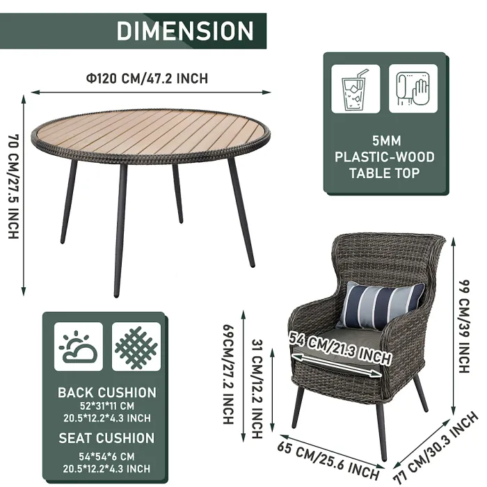 5 PCS Luxury Rattan Dining Set, Outdoor Patio Dining Set Round Table Chairs Set with Soft Cushion - Natural Table