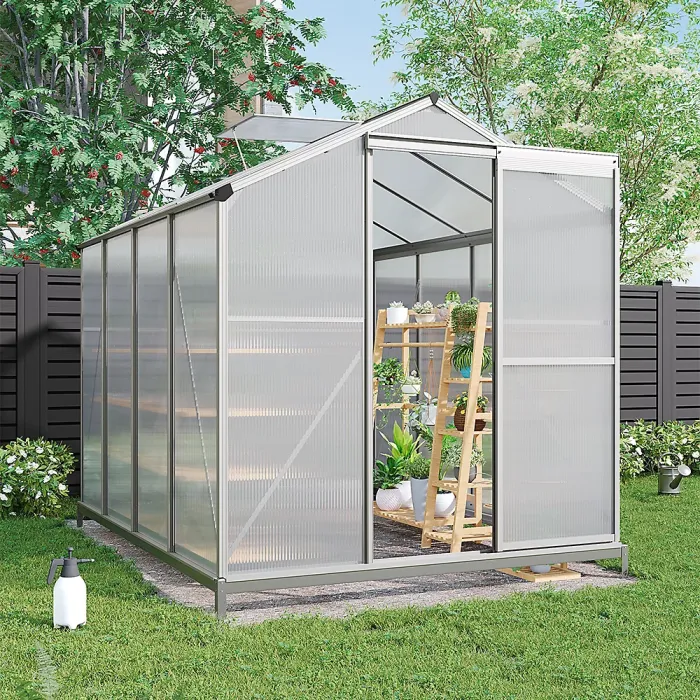 Rustproof Aluminium Framed Polycarbonate Garden Plants Grow House Large Walk-In Green House with Base and Roof Vent