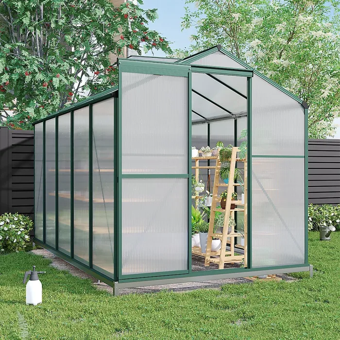 10 x 6 ft Aluminium Frame Walk In Outdoor Garden Polycarbonate Greenhouse with 2 Window Openings and Base, Green
