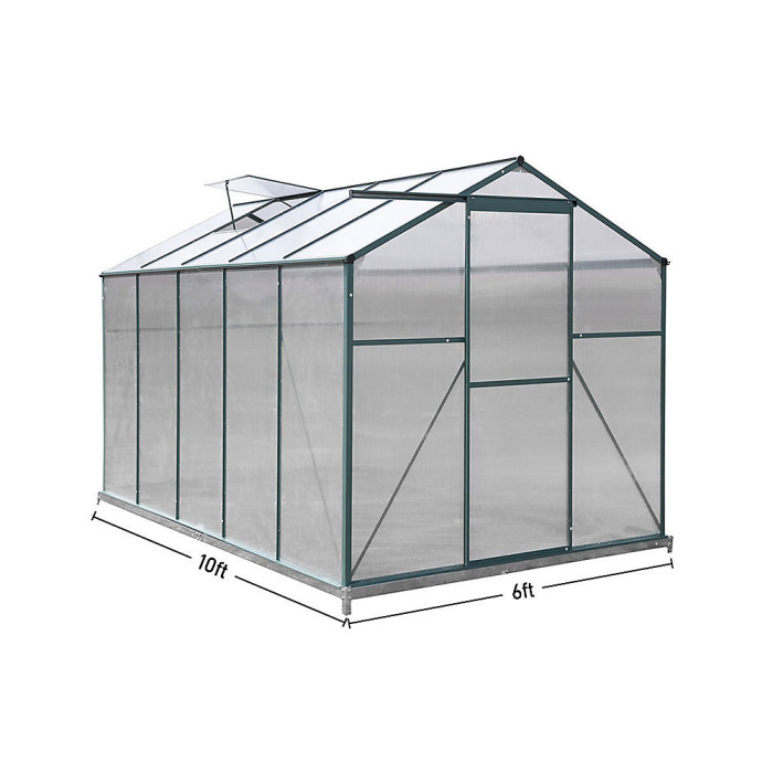 10 x 6 ft Aluminium Frame Walk In Outdoor Garden Polycarbonate Greenhouse with 2 Window Openings and Base, Green