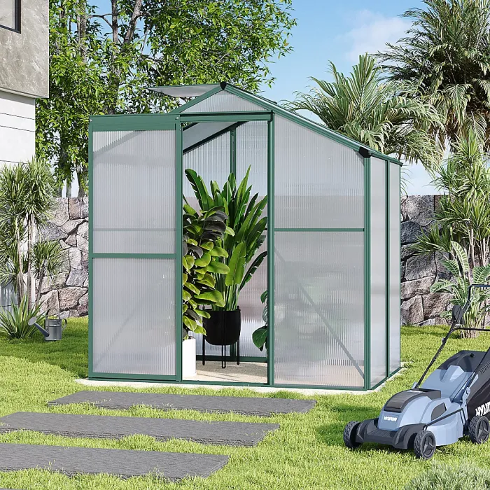 183cm H Green Outdoor Garden Polycarbonate Greenhouse with Sliding Door and Apex Roof Vent, 6x4ft