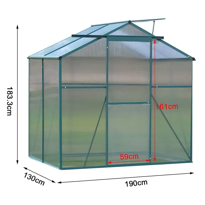 183cm H Green Outdoor Garden Polycarbonate Greenhouse with Sliding Door and Apex Roof Vent, 6x4ft