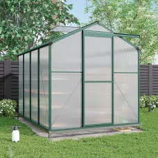 195cm H Outdoor Garden Polycarbonate Walk In Greenhouse with Sliding Door and Base Foundation, 8x6ft