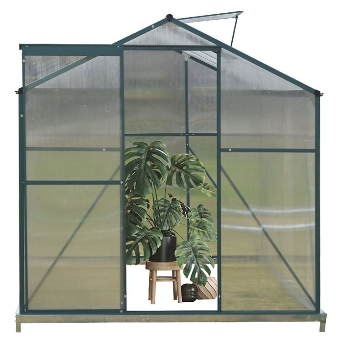 195cm H Outdoor Garden Polycarbonate Walk In Greenhouse with Sliding Door and Base Foundation, 8x6ft
