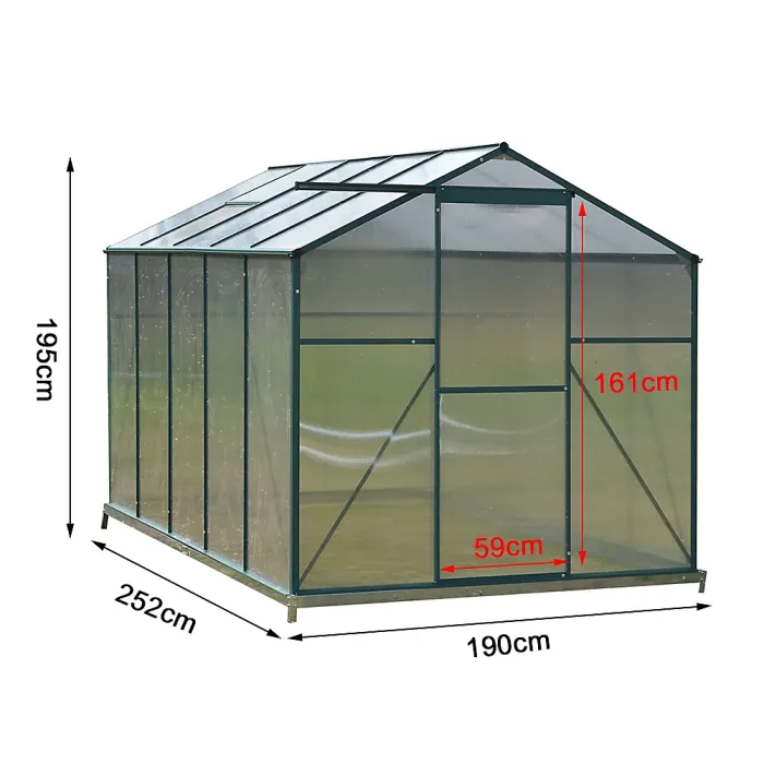 195cm H Outdoor Garden Polycarbonate Walk In Greenhouse with Sliding Door and Base Foundation, 8x6ft