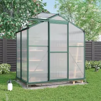 195cm H Outdoor Garden Polycarbonate Walk In Greenhouse with Sliding Door and Base Foundation, 6x4ft
