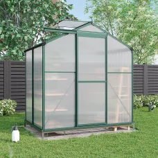 195cm H Outdoor Garden Polycarbonate Walk In Greenhouse with Sliding Door and Base Foundation, 6x4ft