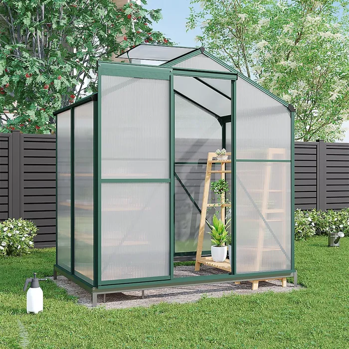195cm H Outdoor Garden Polycarbonate Walk In Greenhouse with Sliding Door and Base Foundation, 6x4ft