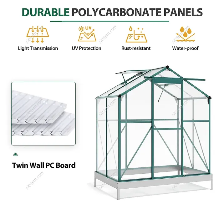 195cm H Outdoor Garden Polycarbonate Walk In Greenhouse with Sliding Door and Base Foundation, 6x4ft