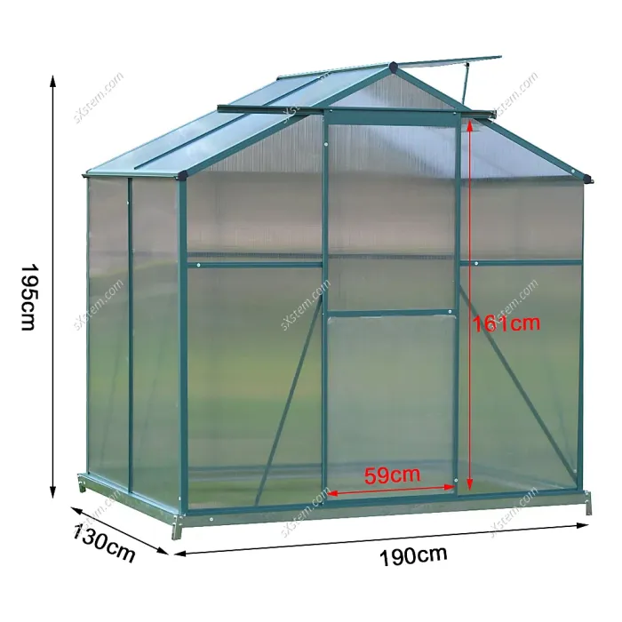 195cm H Outdoor Garden Polycarbonate Walk In Greenhouse with Sliding Door and Base Foundation, 6x4ft