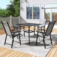 Garden Metal Slatted Coffee Table Square Black Outdoor Table with Four Foldable Grey Chairs