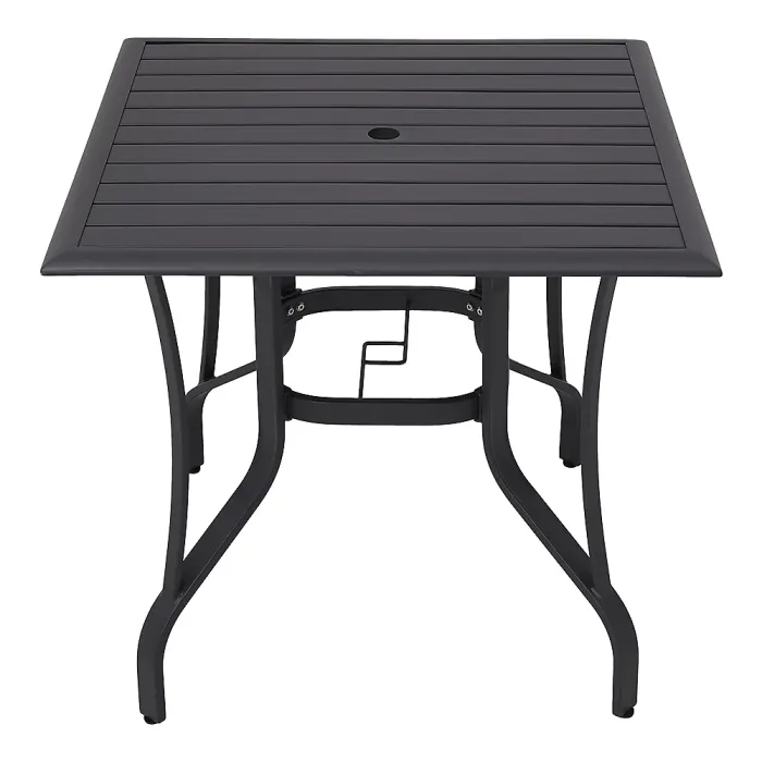 Garden Metal Slatted Coffee Table Square Black Outdoor Table with Four Foldable Grey Chairs