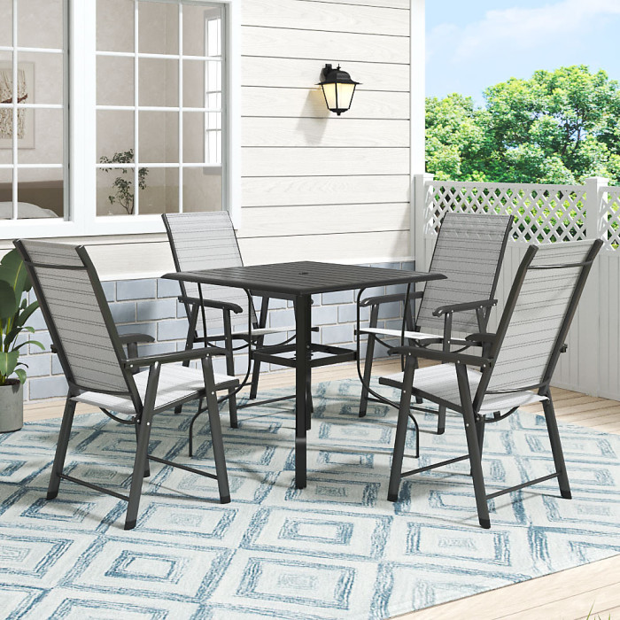 Garden Metal Slatted Coffee Table Square Black Outdoor Table with Four Foldable Grey Chairs