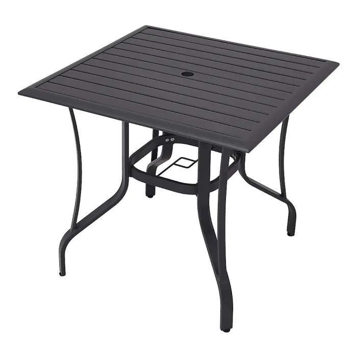 Garden Metal Slatted Coffee Table Square Black Outdoor Table with Four Foldable Grey Chairs