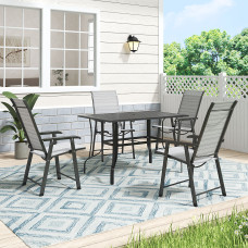 120cm L Garden Metal Slatted Coffee Table with Four Foldable Chairs Outdoor Rectangle Table in Black
