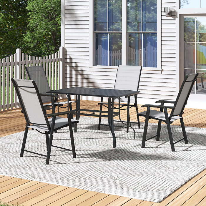 120cm L Garden Metal Slatted Coffee Table with Four Foldable Chairs Outdoor Rectangle Table in Black