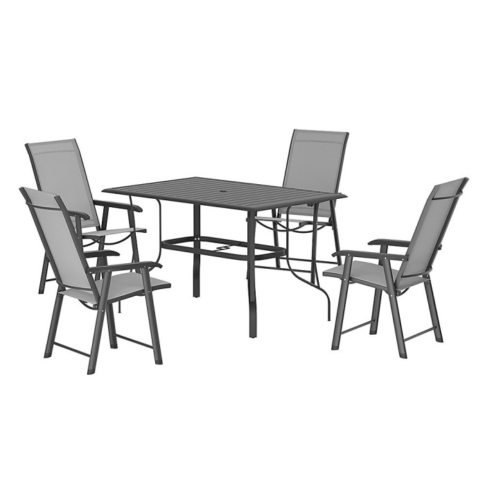 120cm L Garden Metal Slatted Coffee Table with Four Foldable Chairs Outdoor Rectangle Table in Black