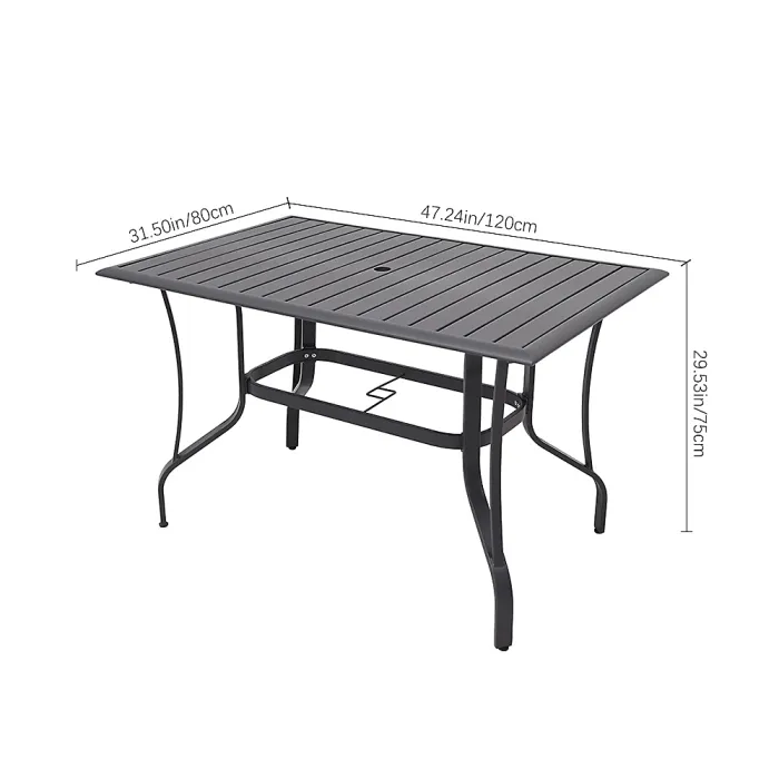 120cm L Garden Metal Slatted Coffee Table with Four Foldable Chairs Outdoor Rectangle Table in Black