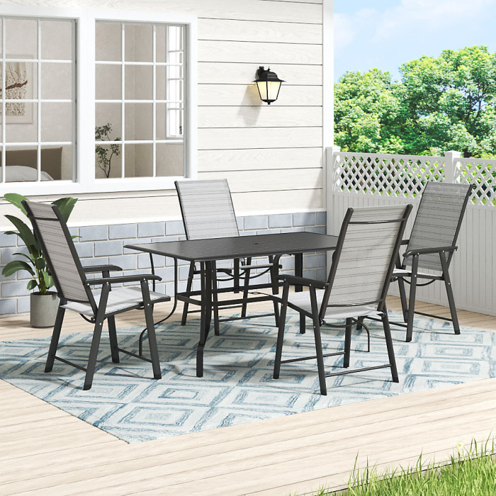 150cm L Garden Metal Slatted Coffee Table with Four Foldable Chairs Rectangle Table in Black