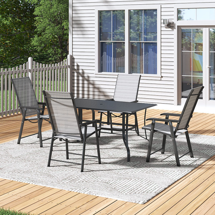 150cm L Garden Metal Slatted Coffee Table with Four Foldable Chairs Rectangle Table in Black