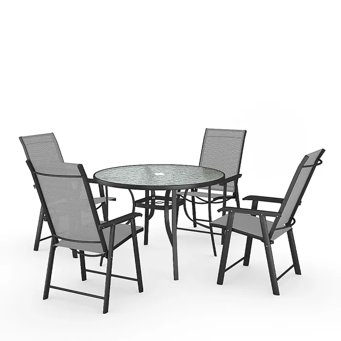 5-Piece Black Outdoor Tempered Glass Round Table and Folding Chairs Garden Furniture Set Dining Set for Patio Lounge Balcony