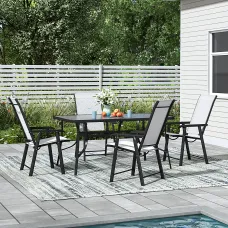 5 Piece Garden Furniture Set Dining Set Tempered Glass Umbrella Table and Folding Chairs Set for Patio Lounge Balcony