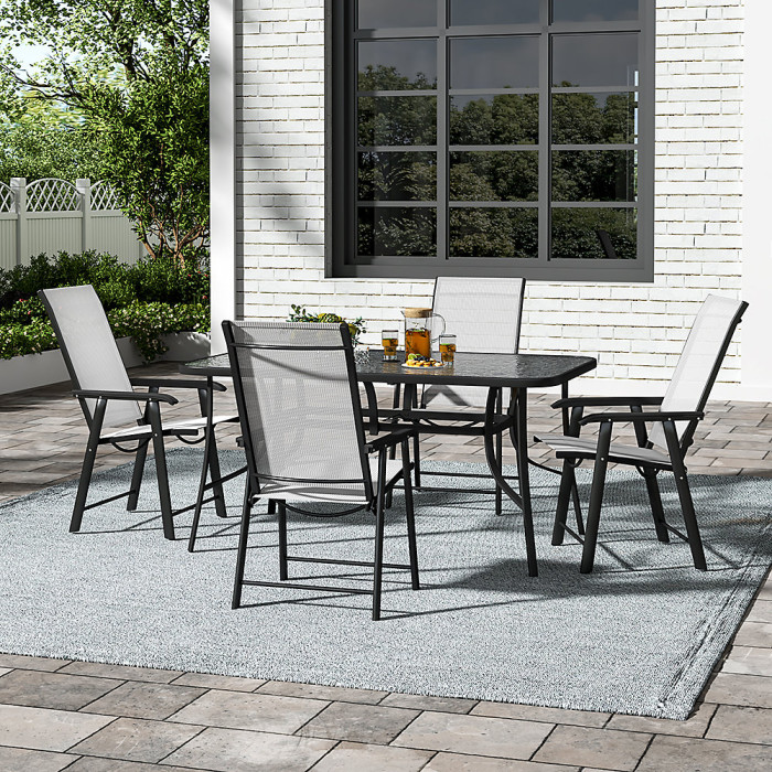 5 Piece Garden Furniture Set Dining Set Tempered Glass Umbrella Table and Folding Chairs Set for Patio Lounge Balcony