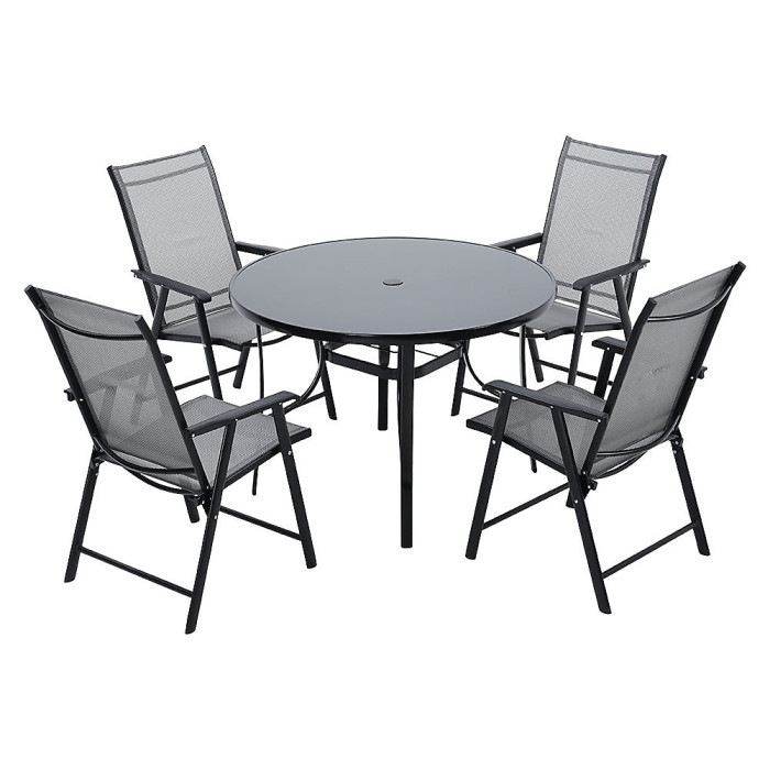 5 Piece Outdoor Black Garden Furniture Set Dining Set Glass Umbrella Table Folding Chair for Garden Patio Lounge Balcony 105cm
