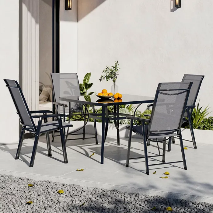 5 Piece Outdoor Furniture Set Dining Set Square Glass Garden Umbrella Table and Folding Chairs for Garden Patio Lounge Balcony